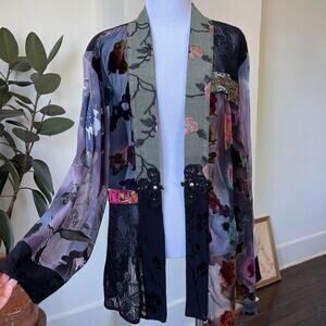Spencer Alexis Floral Silk and Velvet Burnout Kimono Style Jacket